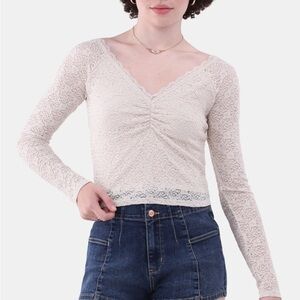 Cream Stretchy Lace Long Sleeve Top